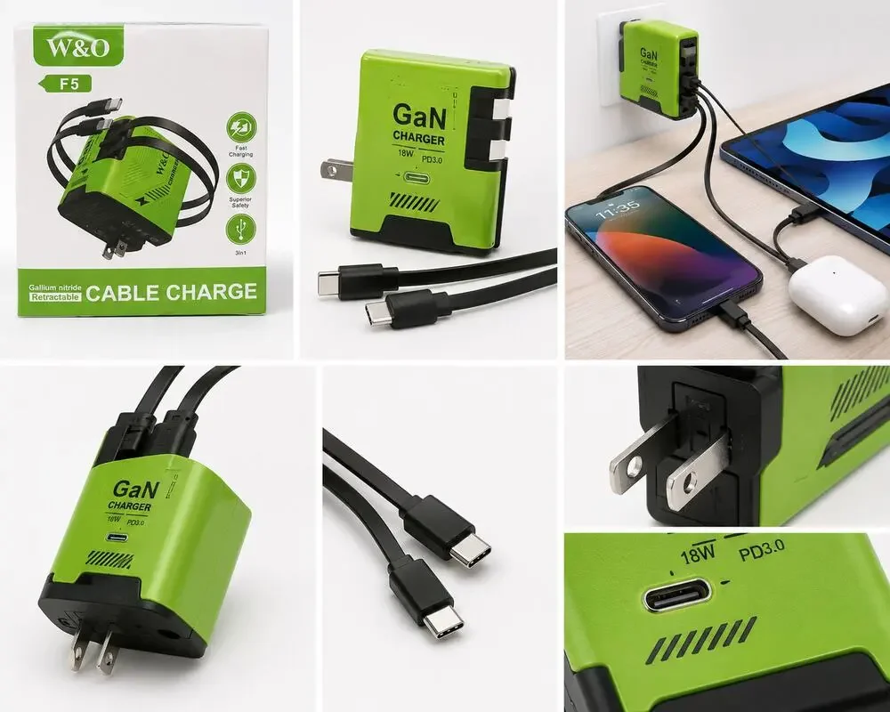 W&O F5 GaN Retractable Cable Fast Charger – 3-in-1 Multi-Device Charging